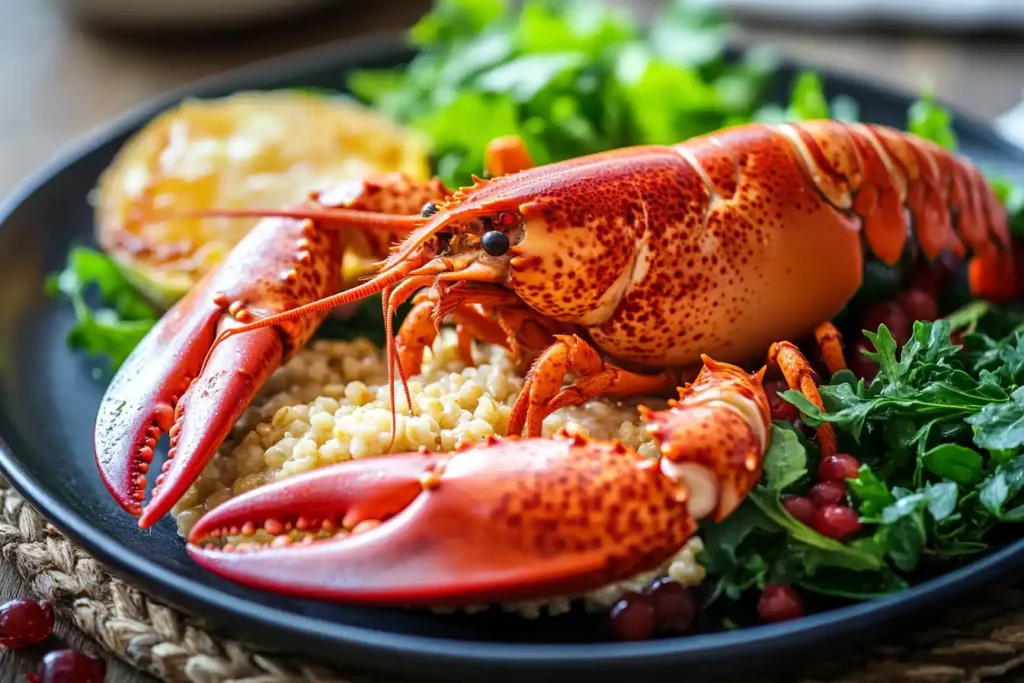 A vibrant image of a milk-soaked lobster plated beautifully with a side of greens and whole grains