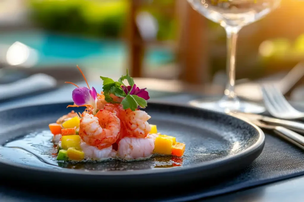 A close-up of perfectly plated lobster with vibrant garnishes on a nautical-themed plate.