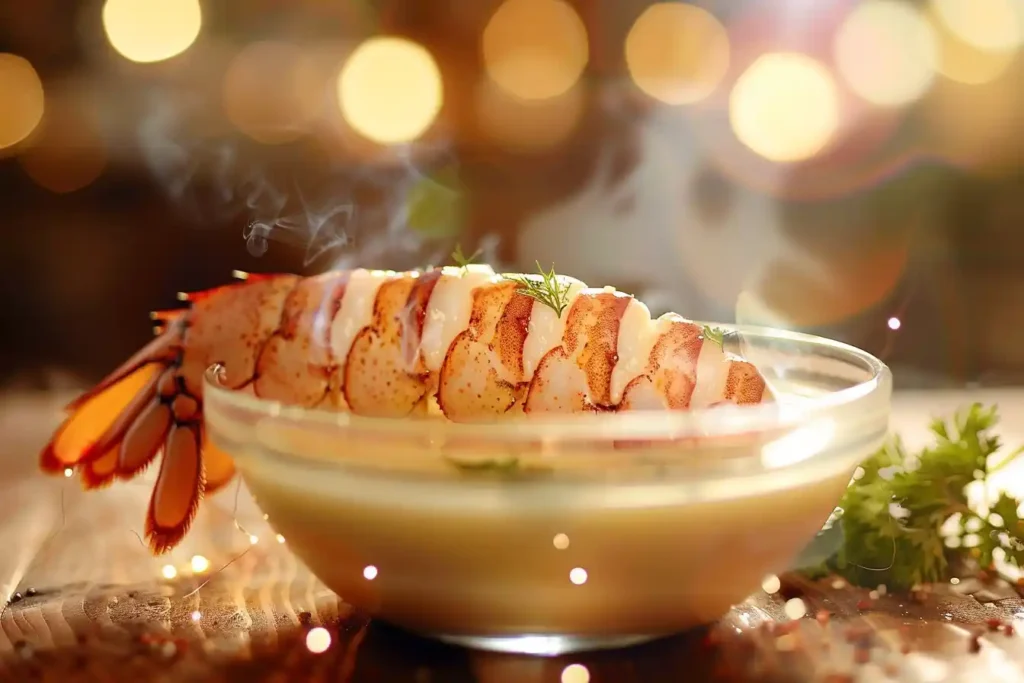 Prepared lobster tail submerged in a glass bowl filled with milk, steam rising softly in the background for a warm