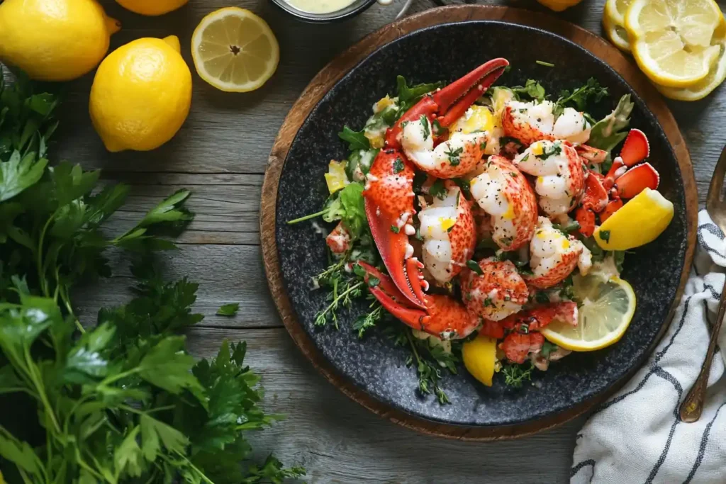 An image of a lobster salad with soaked meat plated beautifully on a rustic wooden table, surrounded by fresh lemons and herbs