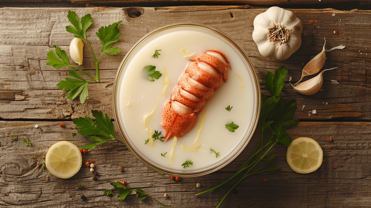 Prepared lobster tail submerged in a glassbowl filled with milk, steam rising softly in the background for a warm