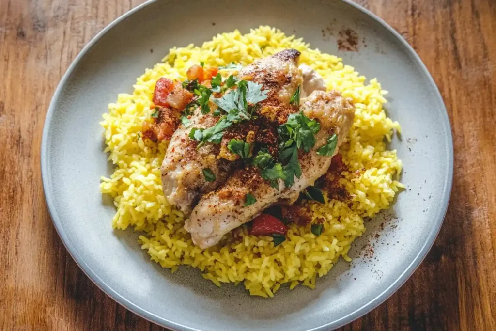 Overhead shot of a steaming plate of yellow rice and chicken garnished with parsley, served with roasted vegetables.