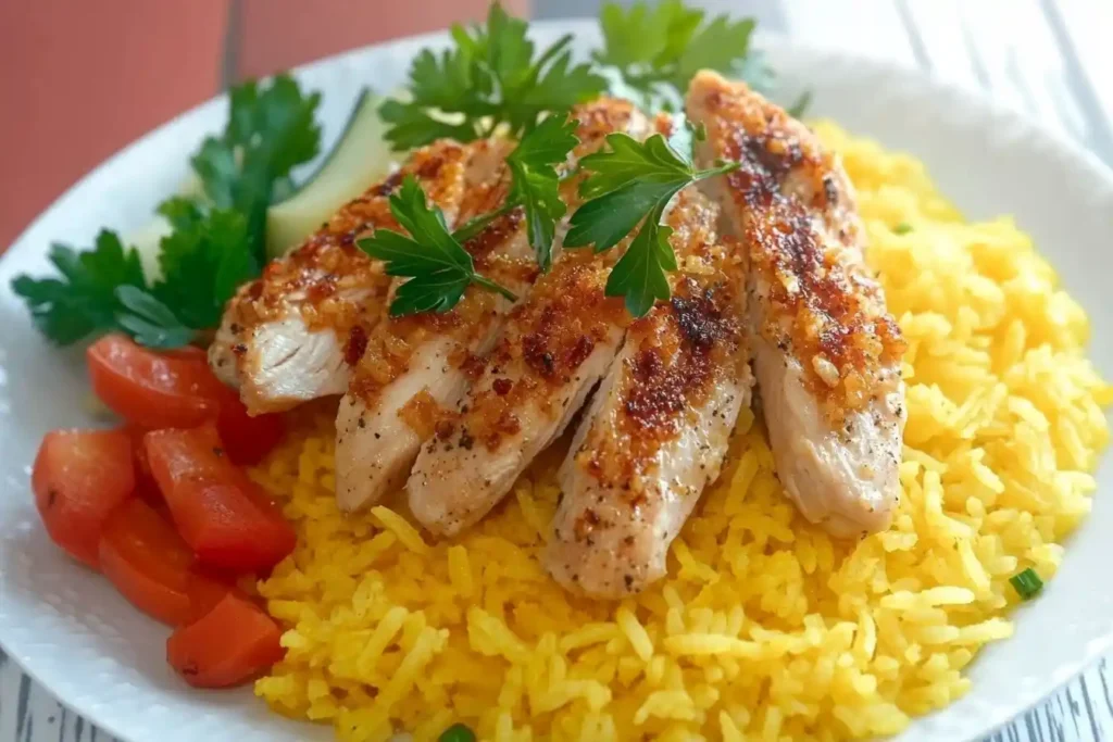 Top-down view of yellow rice and grilled chicken garnished with parsley, served with a side of vegetables