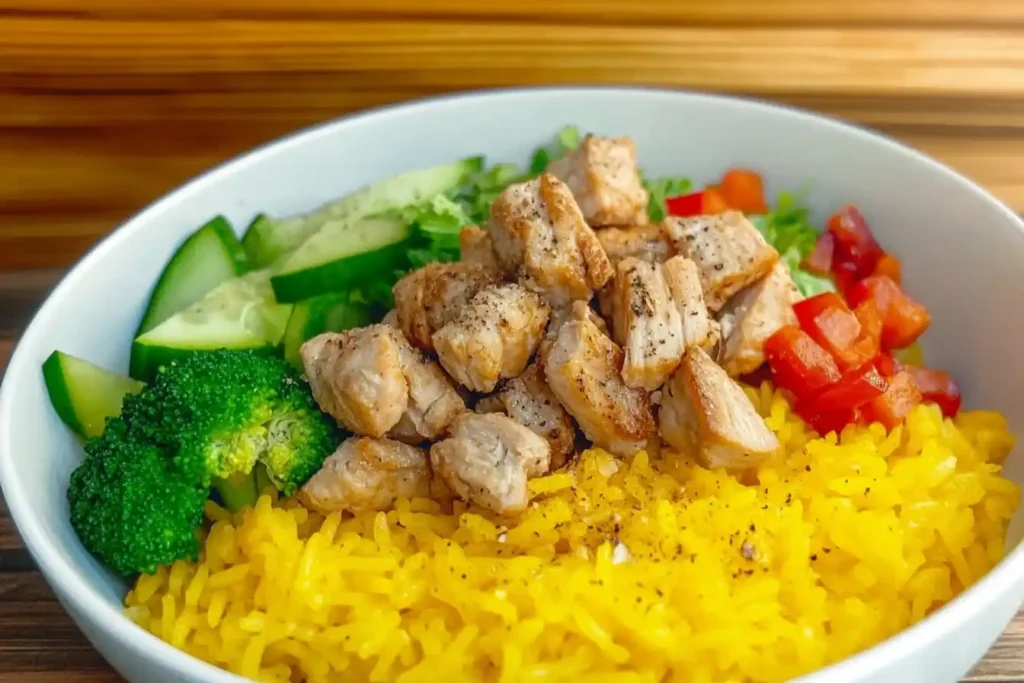 Bowl of yellow rice and chicken with vibrant vegetables like red bell peppers, broccoli, and zucchini, served with a refreshing salad