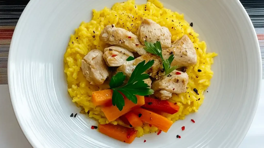 Chicken and yellow rice with parsley and vegetables.