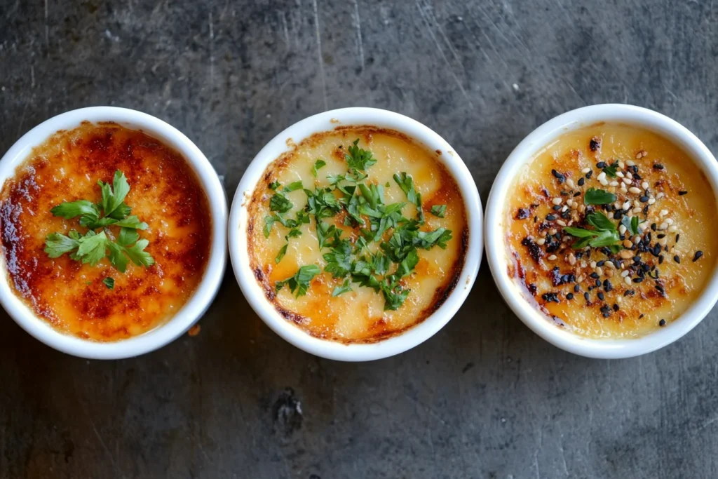 Three ramekins of crab brulee variations: citrus zest garnished, herb-topped, and sesame-infused