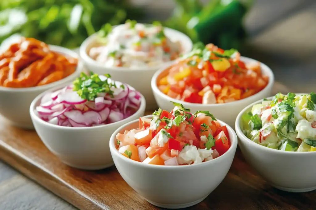 A vibrant image showcasing Chicken Salad Chick’s various flavors served in small bowls with garnishes, highlighting their diversity and visual appeal.