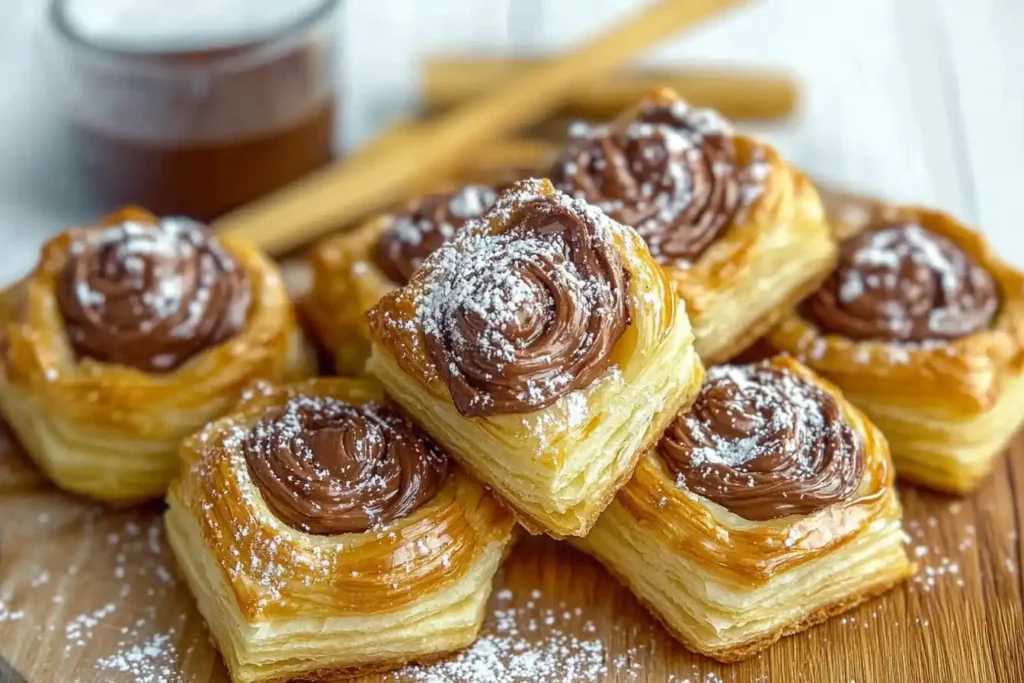 Delicious square puff pastries topped with creamy Nutella and dusted with powdered sugar, placed on a wooden board with a jar of Nutella in the background.