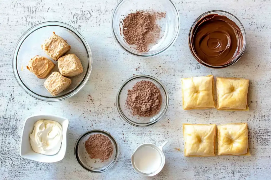 Ingredients laid out on a white surface including puff pastry squares, chocolate spread, cocoa powder, cream, and various other components