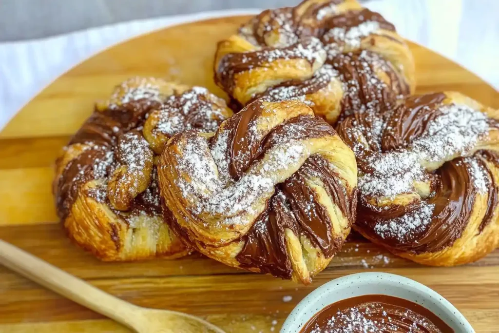 Twisted chocolate-filled croissants dusted with powdered sugar on a wooden board