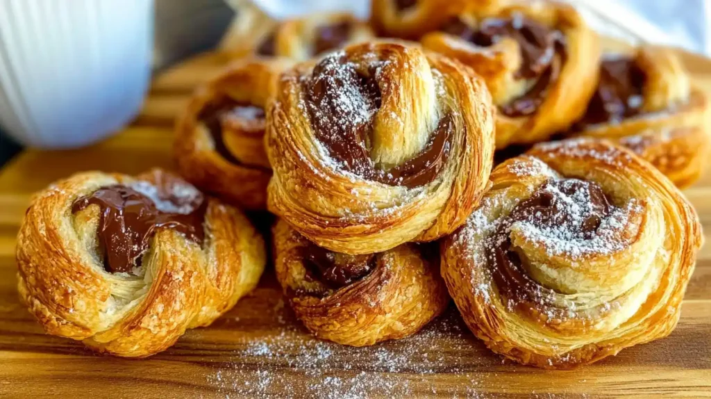 Chocolate-filled pastries dusted with powdered sugar arranged on a wooden board