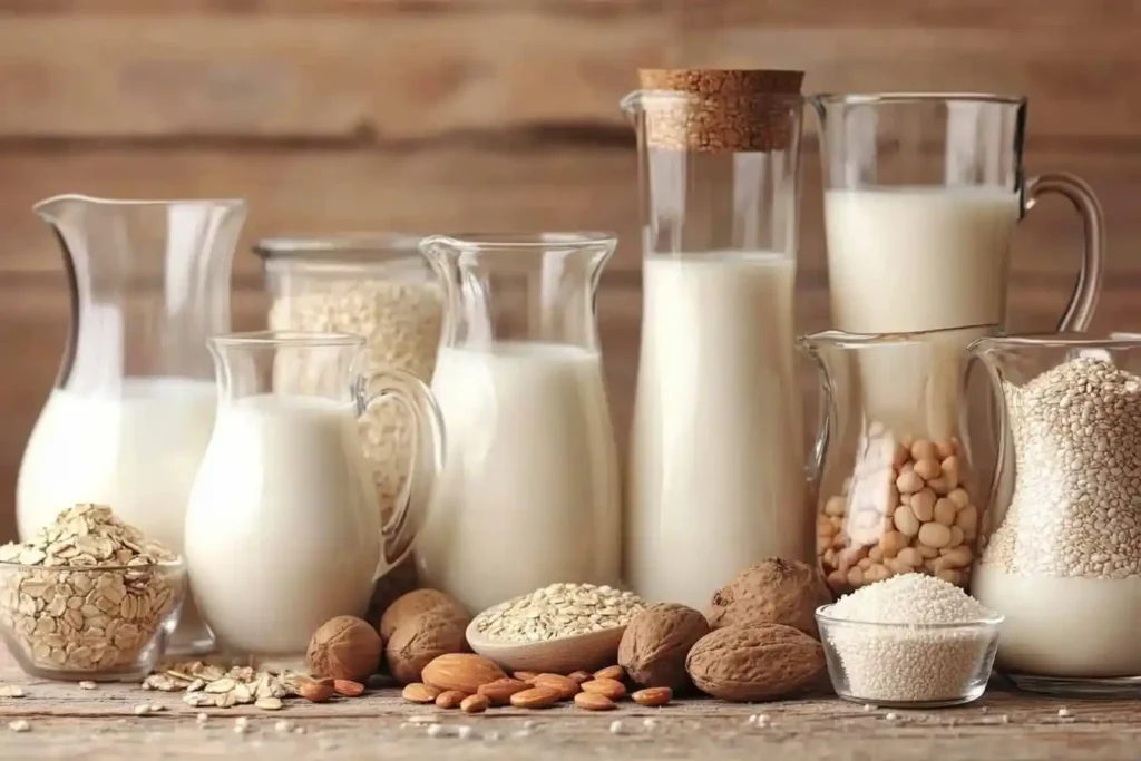 A side-by-side comparison of almond , soy , water, and oat in small glass pitchers.