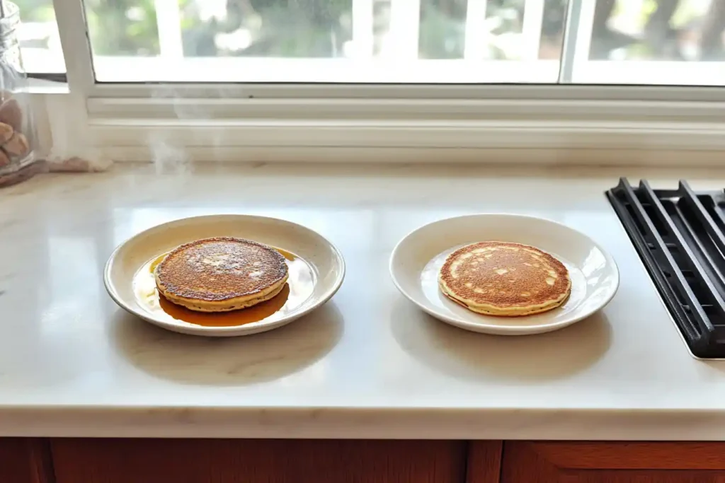 A comparison of pancakes cooked at incorrect and correct pan temperatures on a griddle.