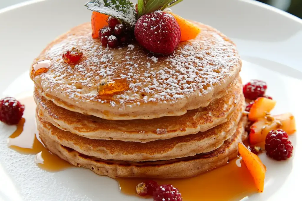 pancake recipe no milk: A styled stack of pancakes drizzled with maple syrup, topped with fresh fruit and powdered sugar.