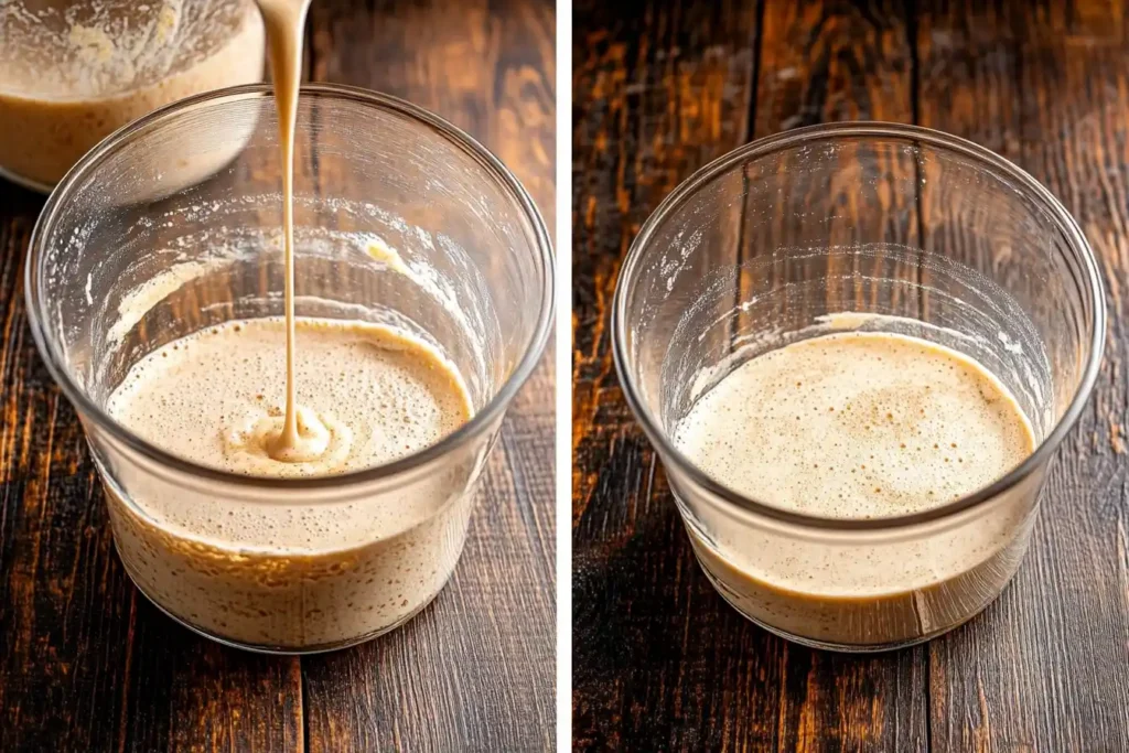 Close-up of pancake batter in a glass bowl, showing bubbles before and after resting.