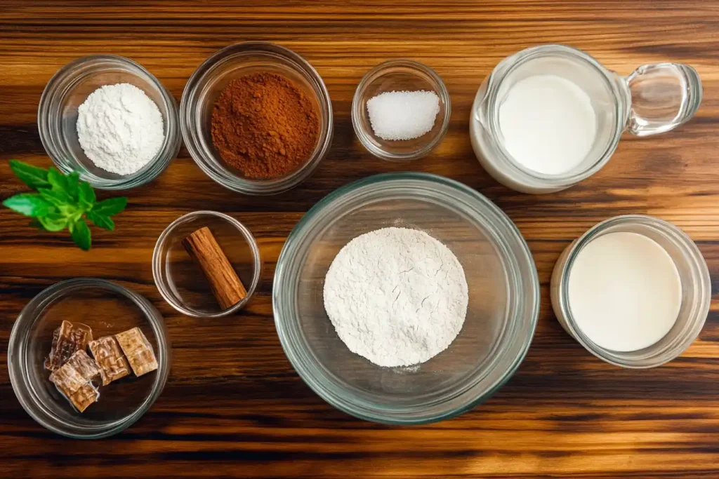 A flat lay of pancake ingredients, including flour, sugar, baking powder, and almond milk, on a wooden countertop.