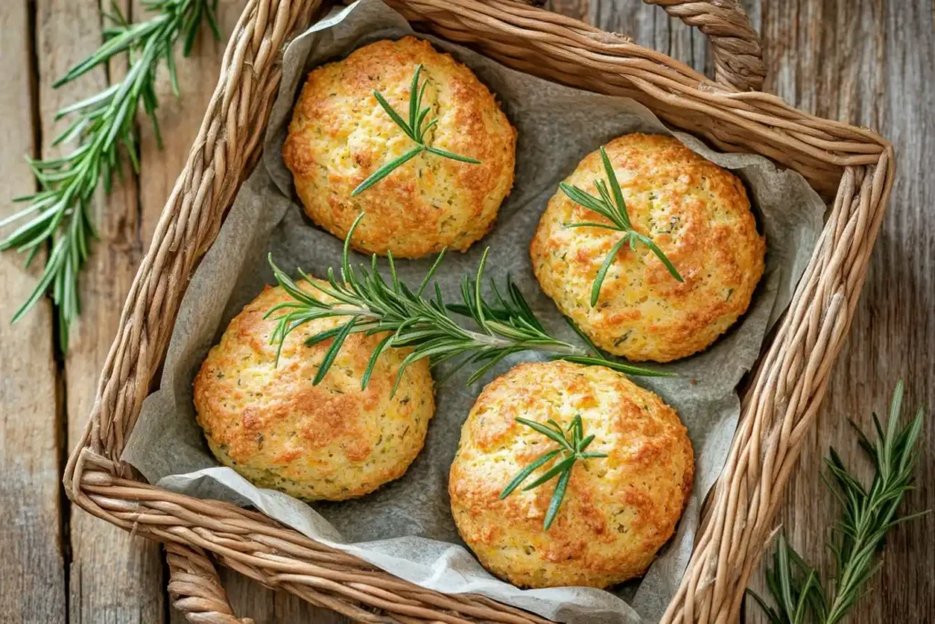 Tray of pumpkin scones with rosemary garnish.