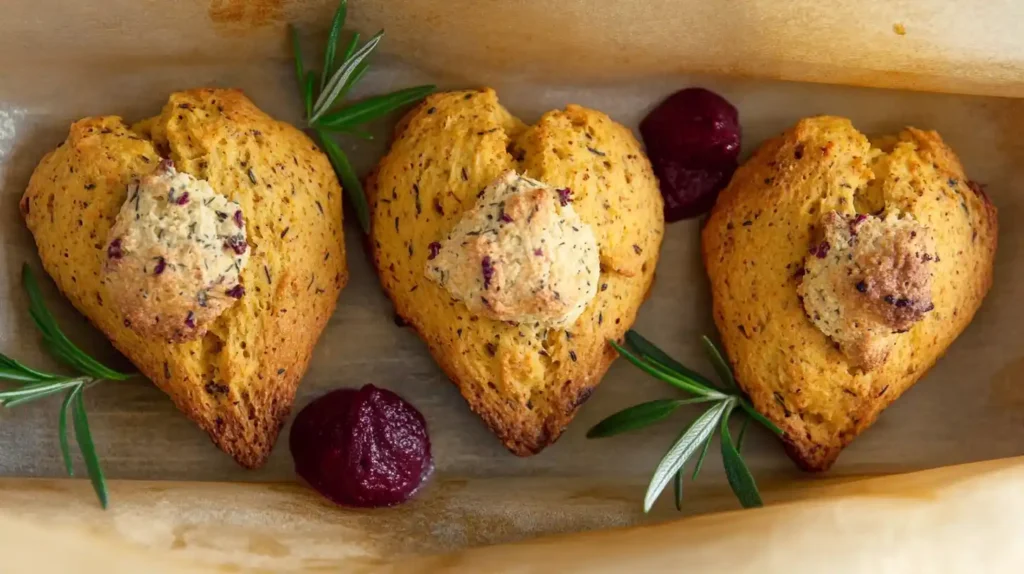 Tray of pumpkin scones with rosemary garnish.