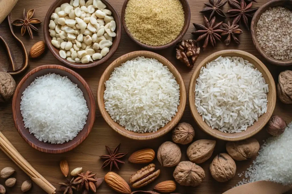 Close-up shot of glutinous rice, sugar, nuts, and spices laid out in neat portions on a wooden kitchen counter.