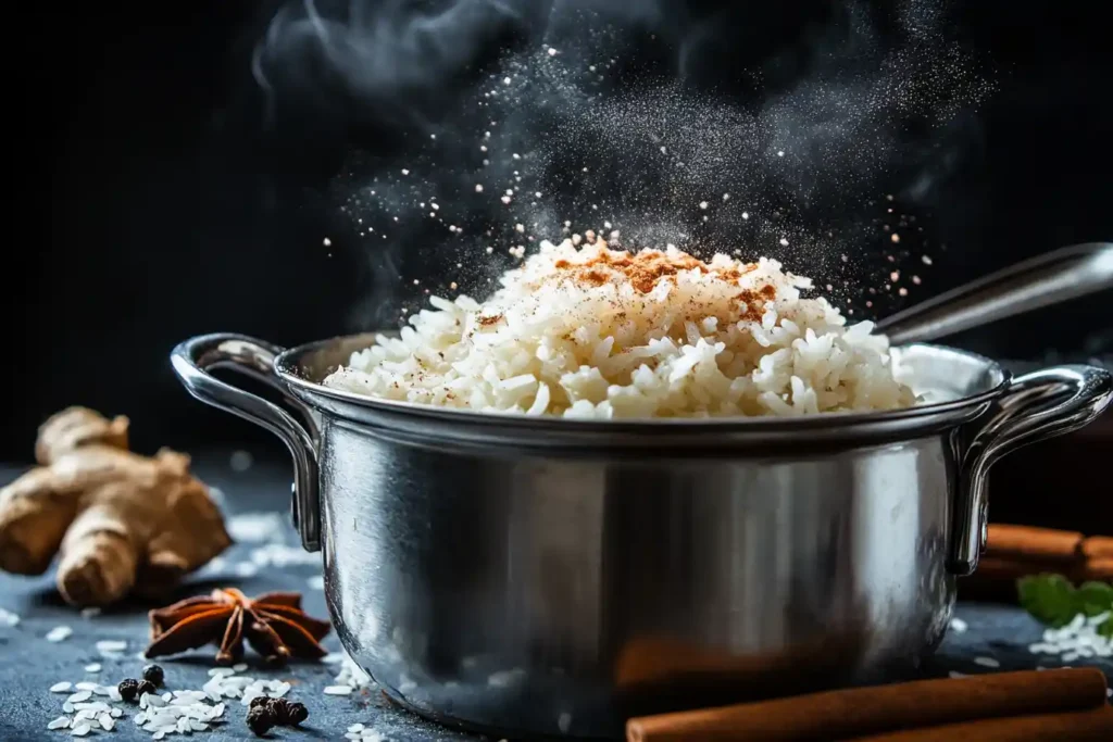 Sweet rice being prepared in a pot with steam and a sprinkle of cinnamon