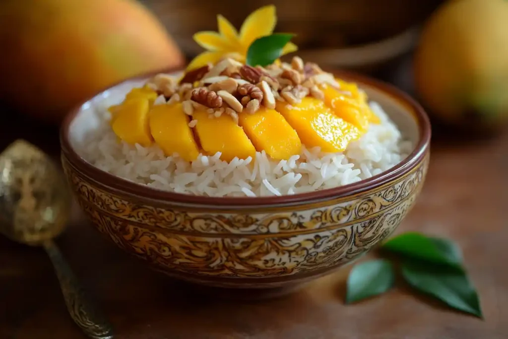 Sweet rice garnished with mango slices and nuts, served in a decorative bowl