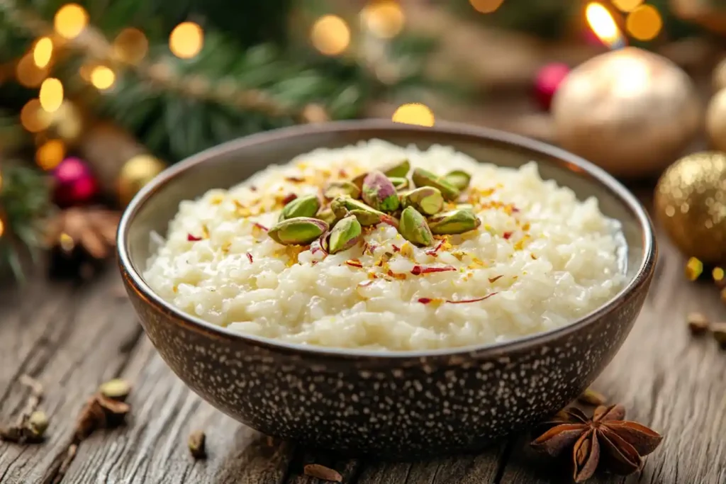 A beautifully plated bowl of sweet rice garnished with pistachios and saffron, placed on a rustic wooden table with a festive backdrop.