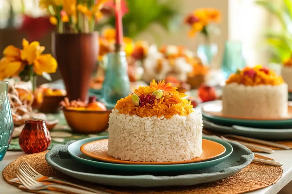 A festive table setup featuring sweet rice alongside other celebratory dishes, adorned with decorative tableware and vibrant garnishes.