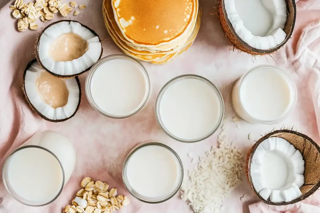 A flat lay of almond milk, soy milk, coconut milk, and oat milk in jars, with pancakes in the background.