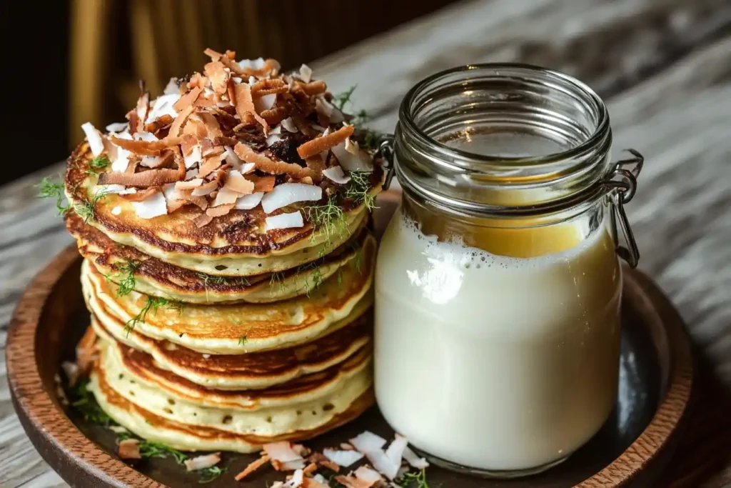 Pancakes stacked high next to a glass jar of coconut milk, garnished with shredded coconut and syrup drizzling over them.