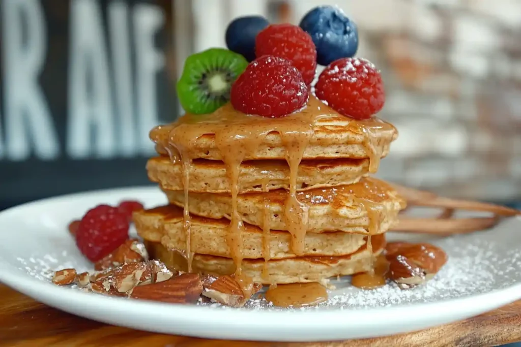 A stack of fluffy pancakes topped with almond butter drizzle and fresh fruit, highlighting nut butter as a dairy-free topping.