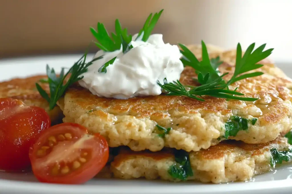 A savory pancake served with a dollop of vegan sour cream, garnished with fresh herbs and cherry tomatoes.