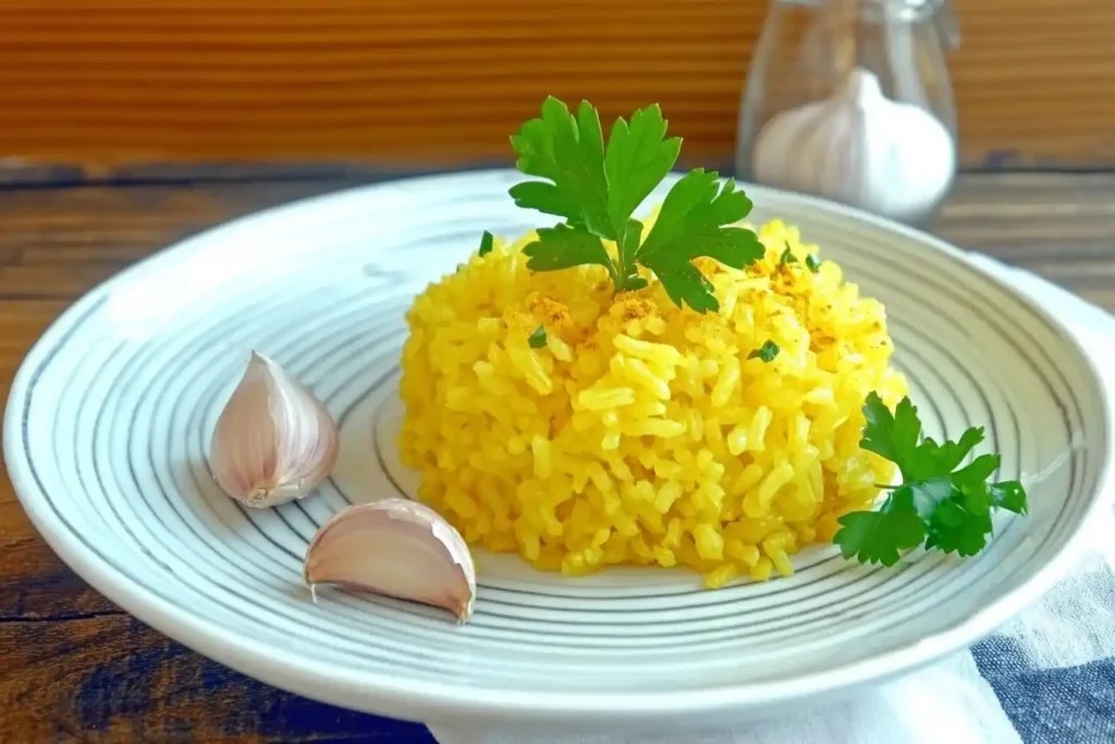 Yellow rice in a rustic bowl, garnished with parsley and surrounded by turmeric, garlic, and peppers.