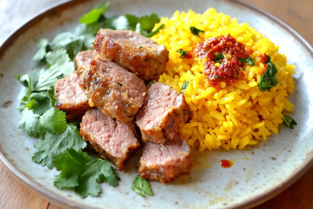 Cuban mojo pork with rice and fresh cilantro leaves.