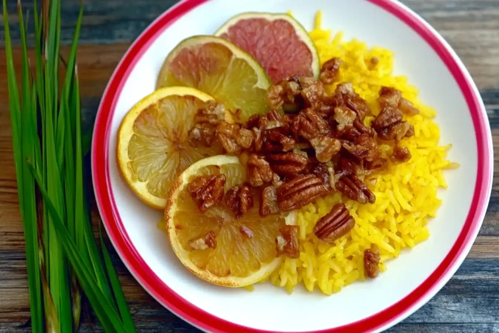 Vibrant yellow rice with roasted vegetables, nuts, and a side of sliced fruits, with a red border.