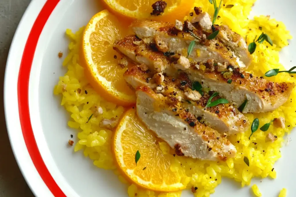 Plated yellow rice with roasted chicken, citrus slices, and herbs, highlighted with a red border.
