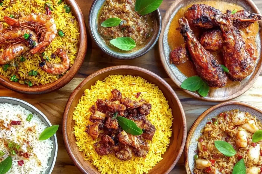 International dishes including yellow rice, jerk chicken, seafood stew, and biryani, artistically plated on wooden and ceramic dishes.