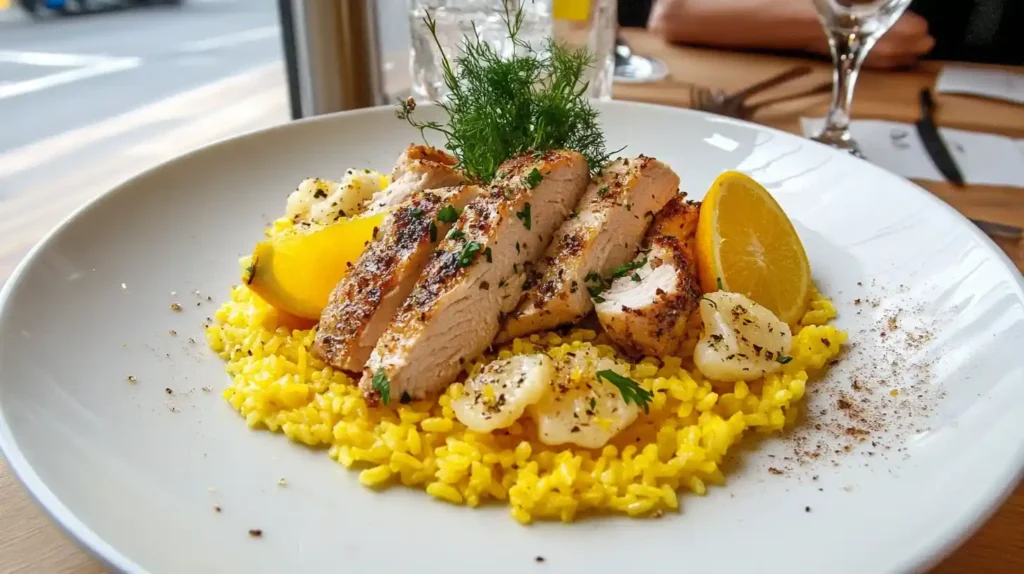 Plated yellow rice with roasted chicken, citrus, and herbs.