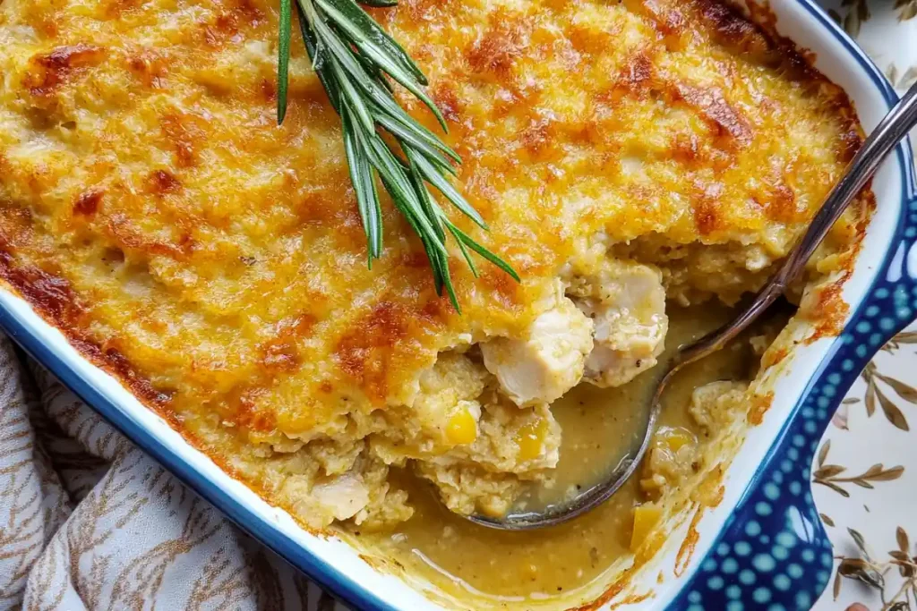 chicken dressing recipe : Close-up of a cheesy chicken and corn casserole in a baking dish, garnished with rosemary.