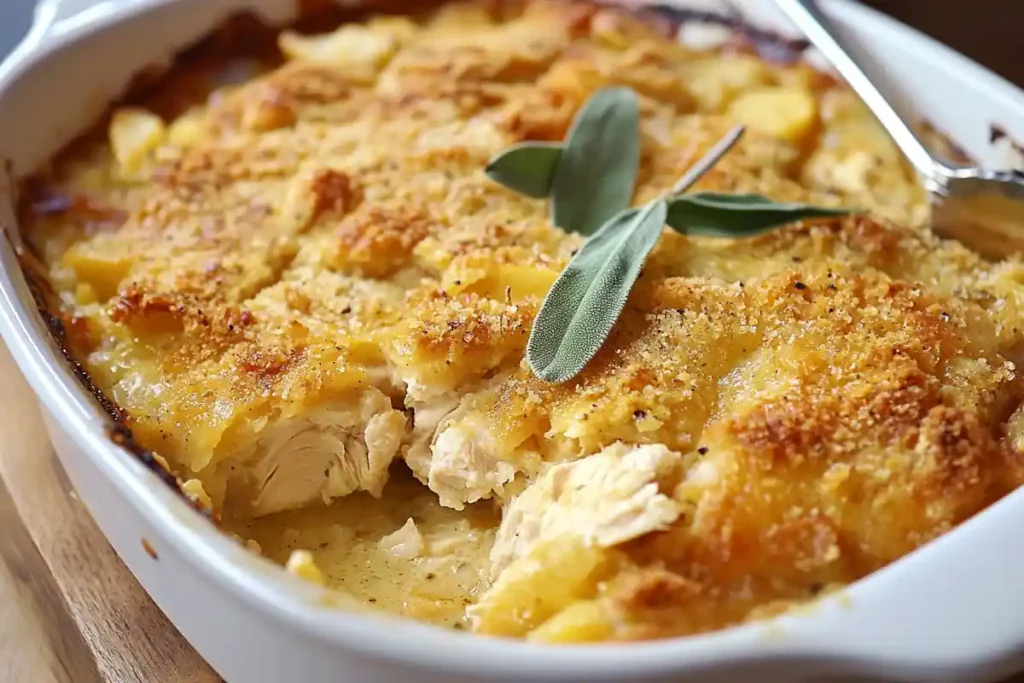 A close-up view of a golden-brown chicken and potato casserole with fresh sage leaves on top.