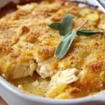 A close-up view of a golden-brown chicken and potato casserole with fresh sage leaves on top.