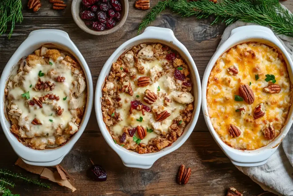 Three white ramekins filled with holiday-themed casseroles are presented on a wooden table.