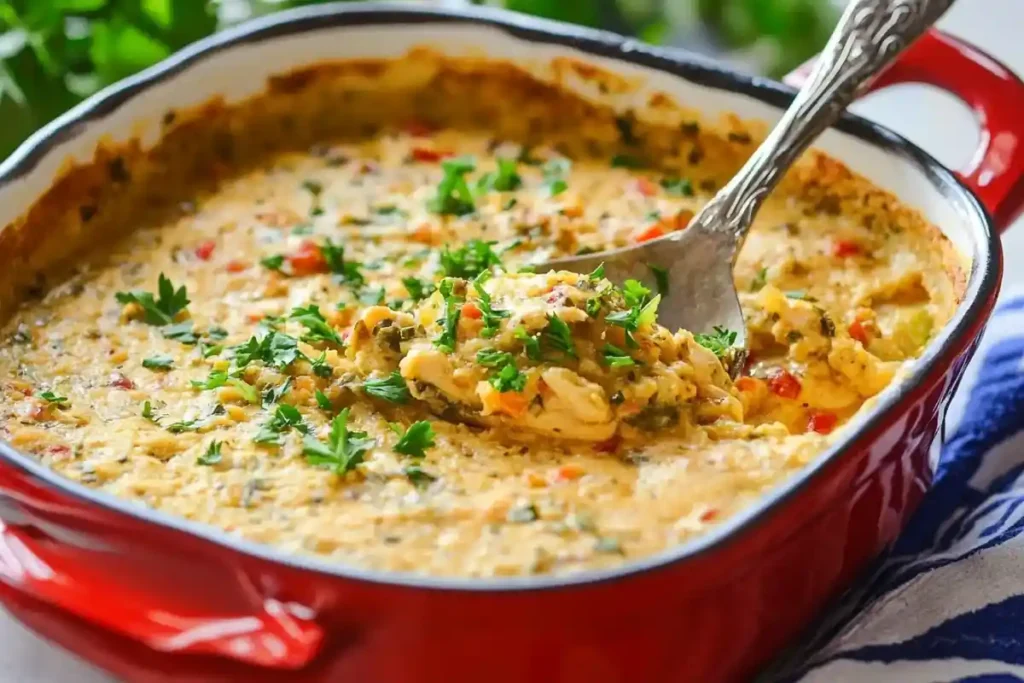 A spoon lifts a serving of creamy dip from a red baking dish.