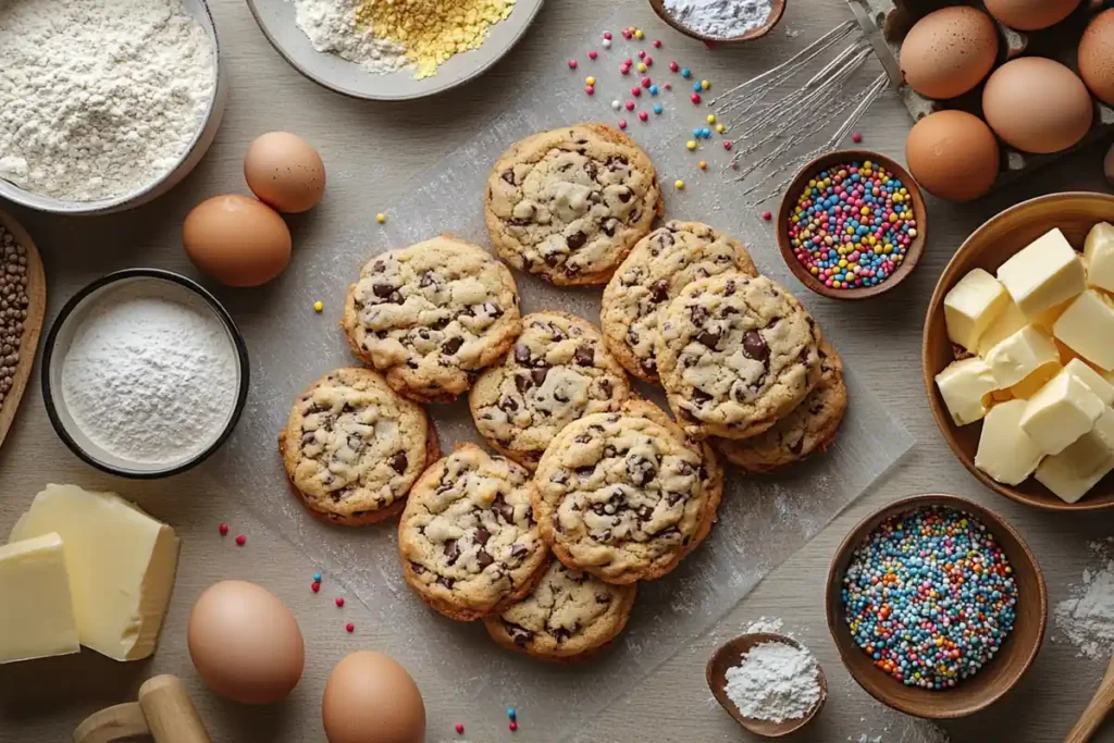 Chocolate chip cookies are arranged on parchment paper, surrounded by baking ingredients.