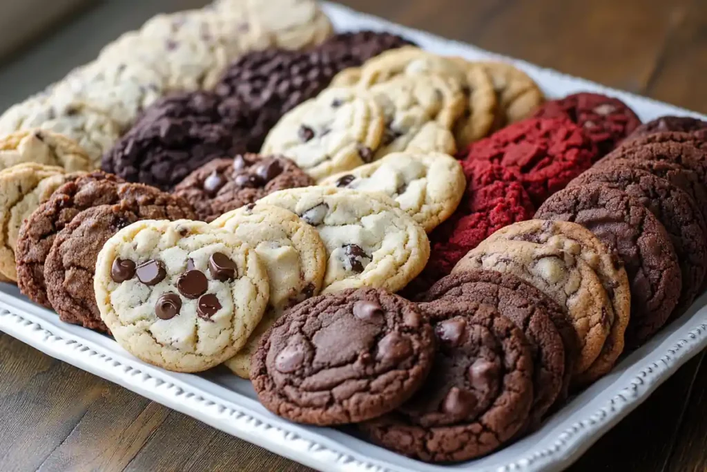 A platter displays an assortment of freshly baked cookies in various flavors.