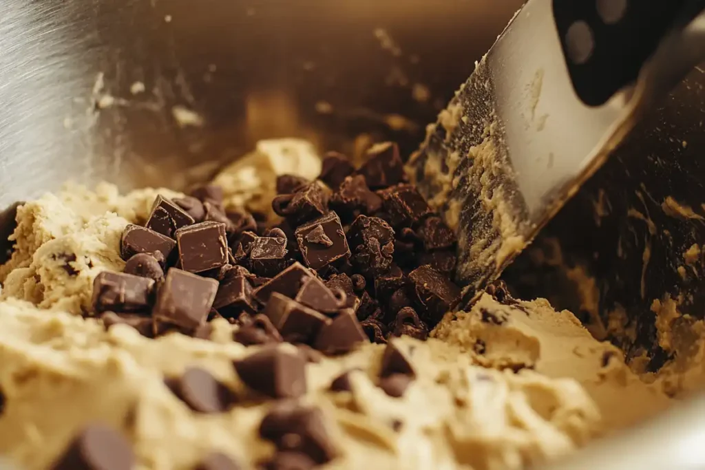 Chocolate chunks are being folded into cookie dough with a spatula.