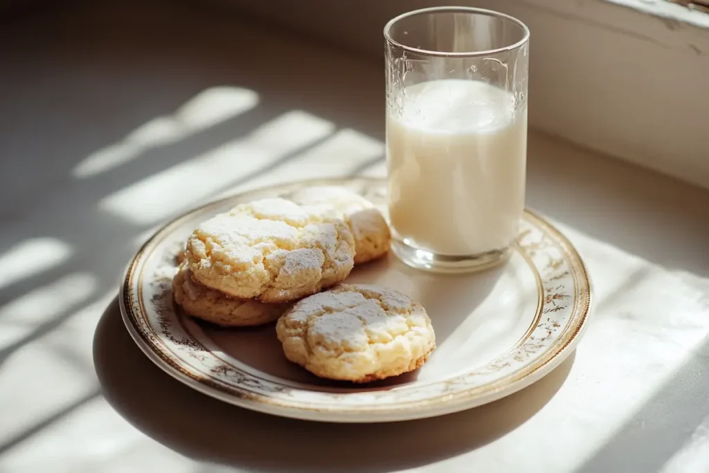 A plate of powdered sugarcookies sits next to a glass of milk.