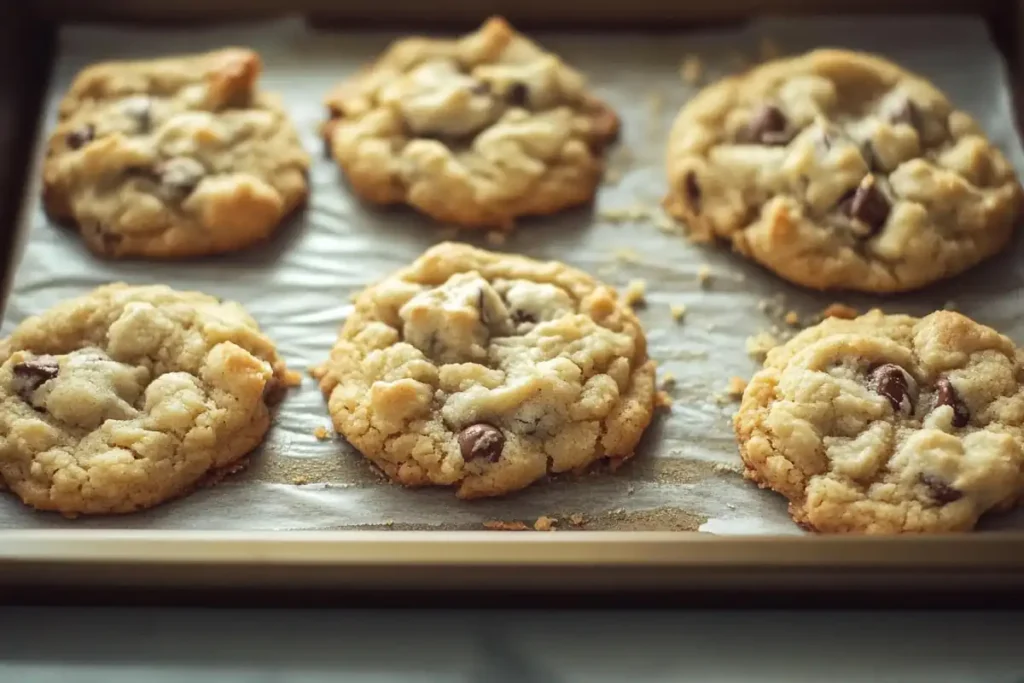 Six golden-brown chocolate chip cookies rest on parchment paper in a baking sheet.