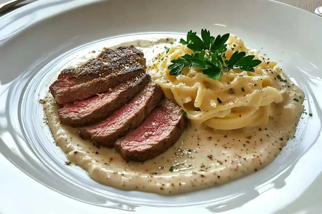 Medium-rare steak beside creamy Alfredo pasta garnished with parsley on a beautifully styled plate