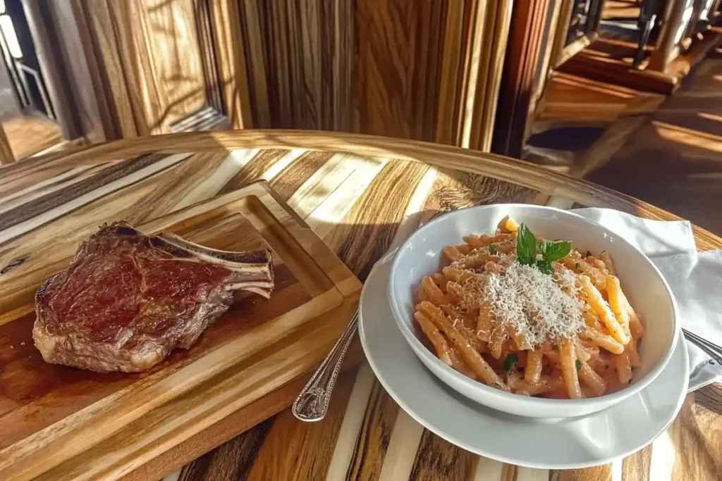 Sizzling ribeye steak served with a bowl of puttanesca pasta topped with Parmesan.