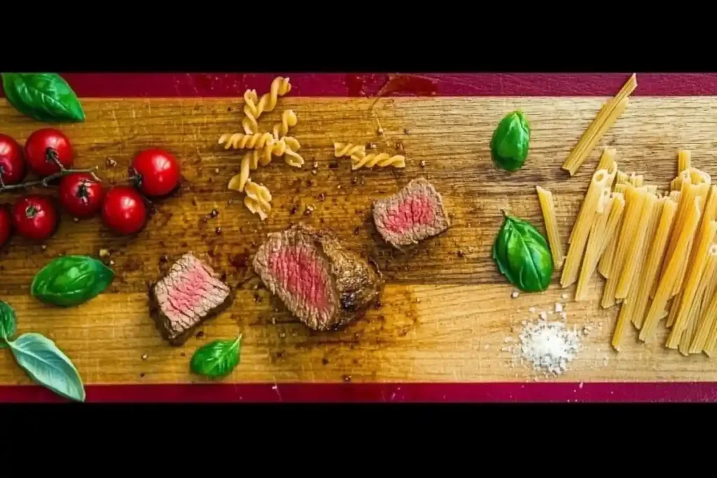 Seared steak on a wooden cutting board surrounded by pasta, basil, and cherry tomatoes in a red-bordered frame.